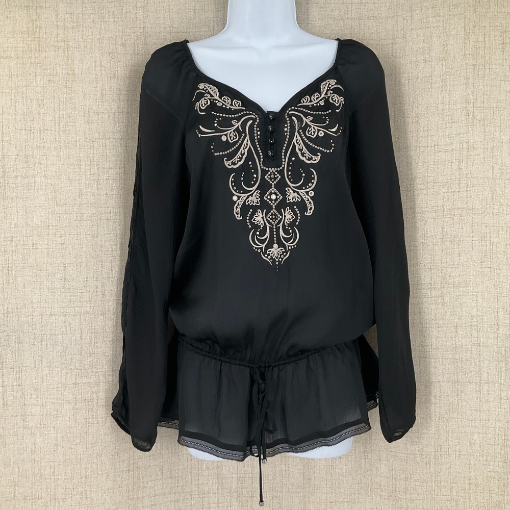 WHBM Top Womens Sz S Black Embroidered Peplum Boho‎ Western Romantic Rodeo Date